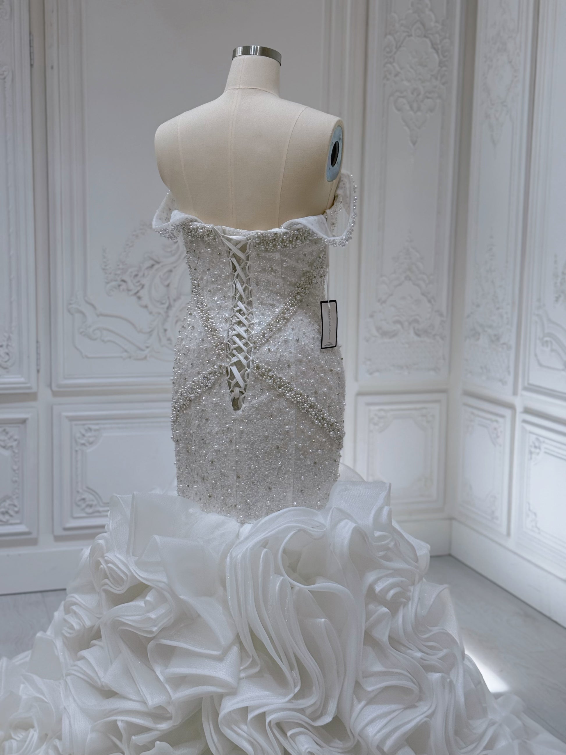 Custom-made luxury Pearl with beading lace off the shoulder mermaid wedding dress with ruffled skirt - Ting's Bridal Collection