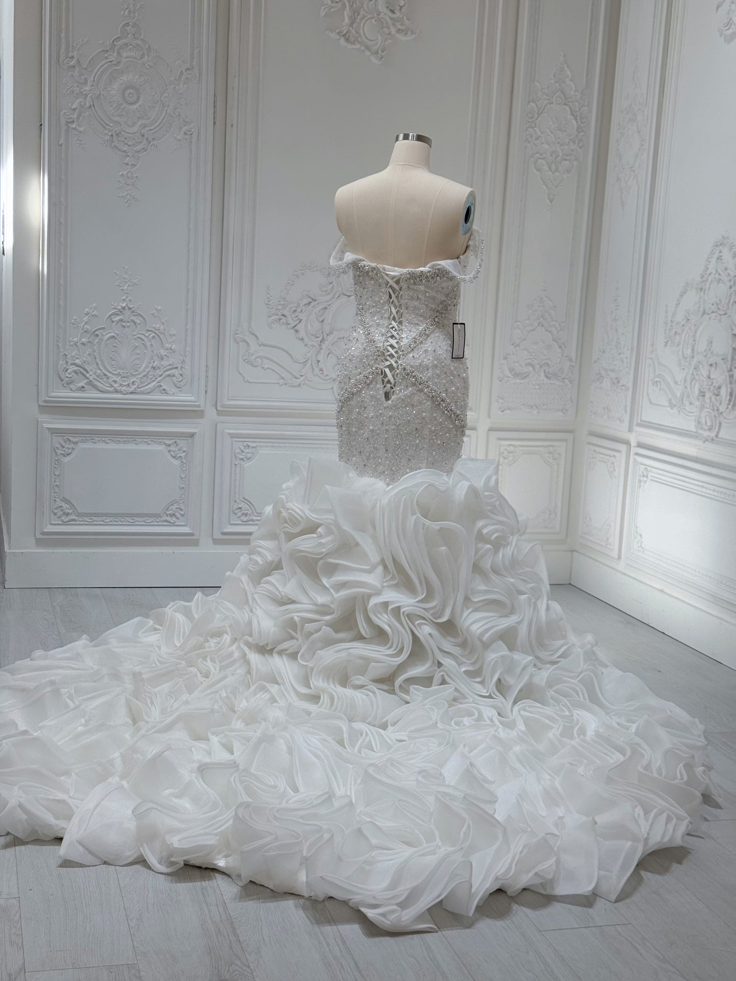 Custom-made luxury Pearl with beading lace off the shoulder mermaid wedding dress with ruffled skirt - Ting's Bridal Collection