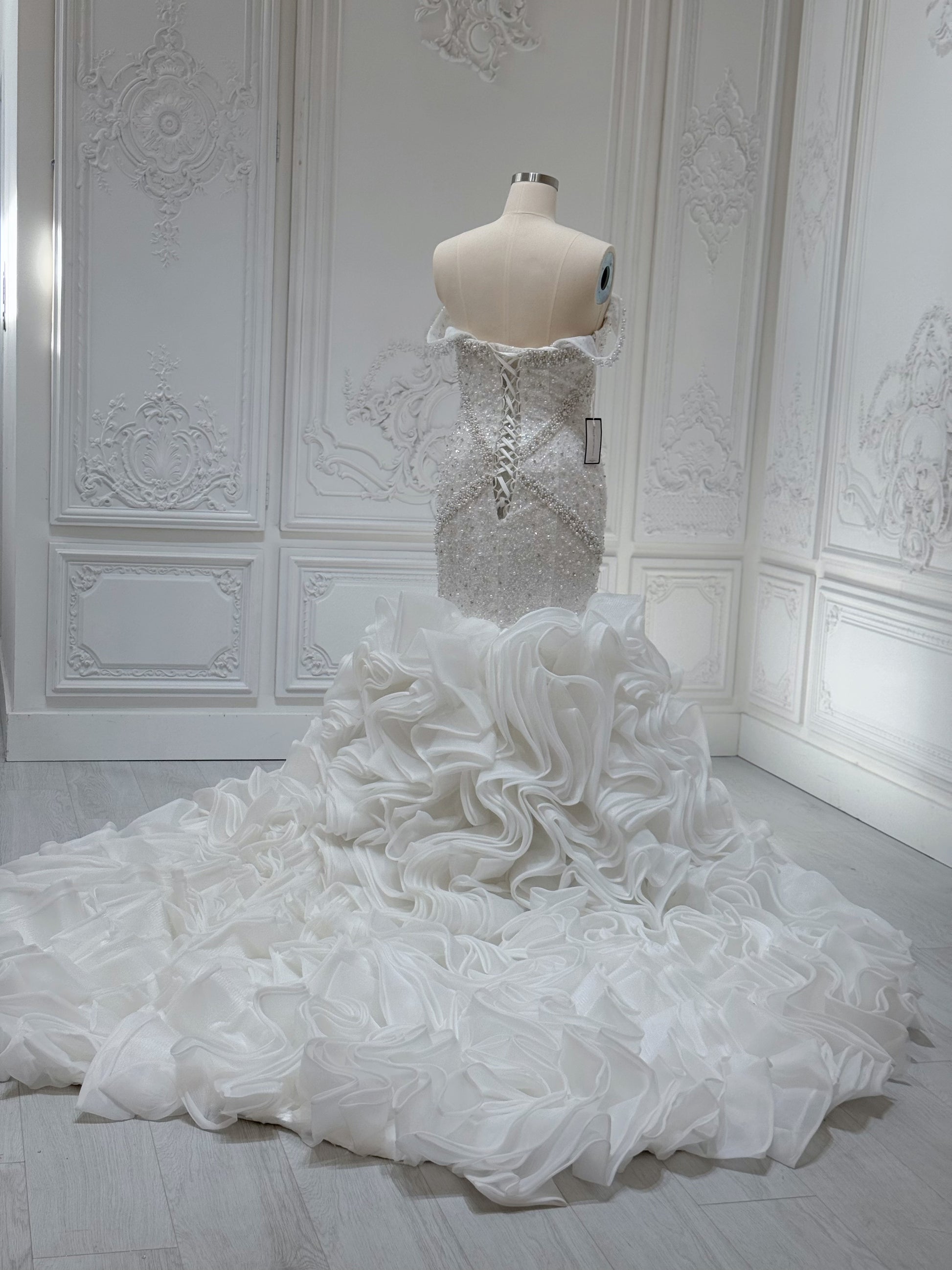 Custom-made luxury Pearl with beading lace off the shoulder mermaid wedding dress with ruffled skirt - Ting's Bridal Collection