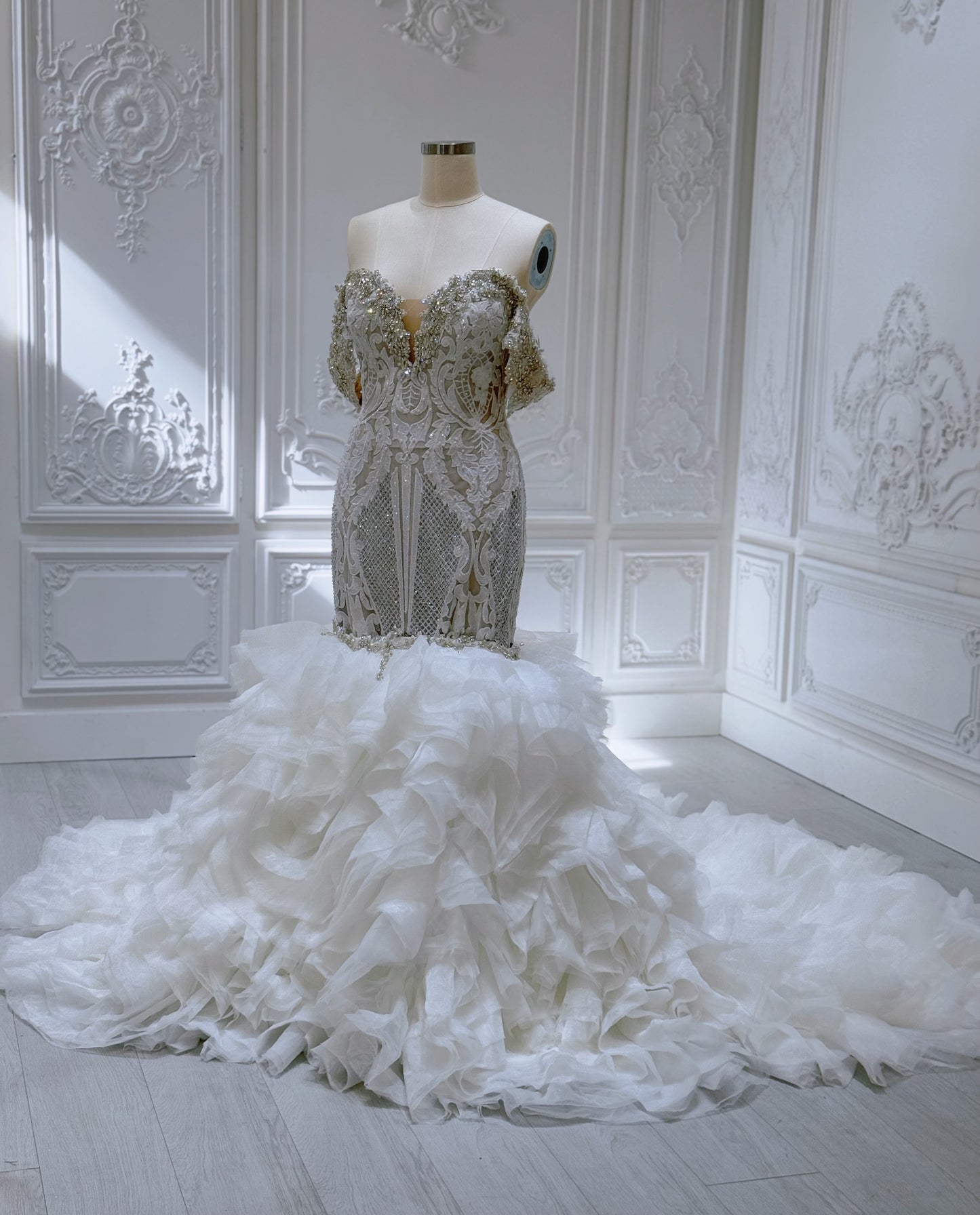 Stock Clearance! Custom-made crystal beaded off the shoulder 2 in 1 look split skirt champagne mermaid wedding dress with detachable ruffles skirt - Ting's Bridal Collection