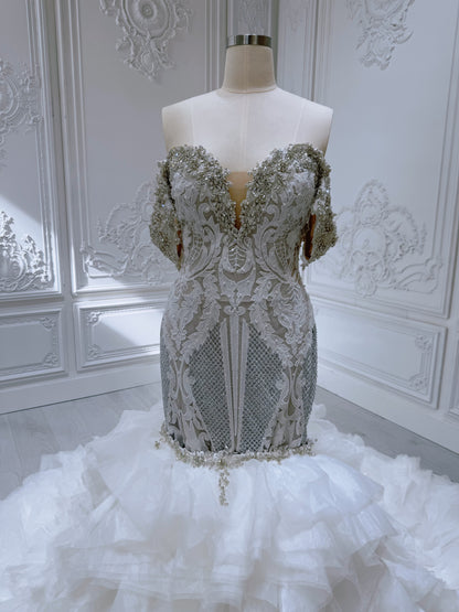 Stock Clearance! Custom-made crystal beaded off the shoulder 2 in 1 look split skirt champagne mermaid wedding dress with detachable ruffles skirt - Ting's Bridal Collection