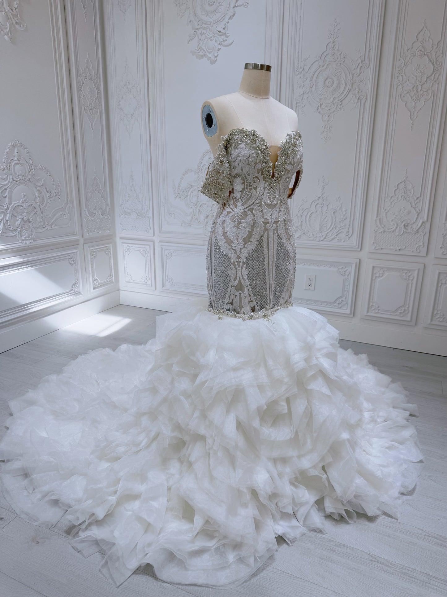 Stock Clearance! Custom-made crystal beaded off the shoulder 2 in 1 look split skirt champagne mermaid wedding dress with detachable ruffles skirt - Ting's Bridal Collection