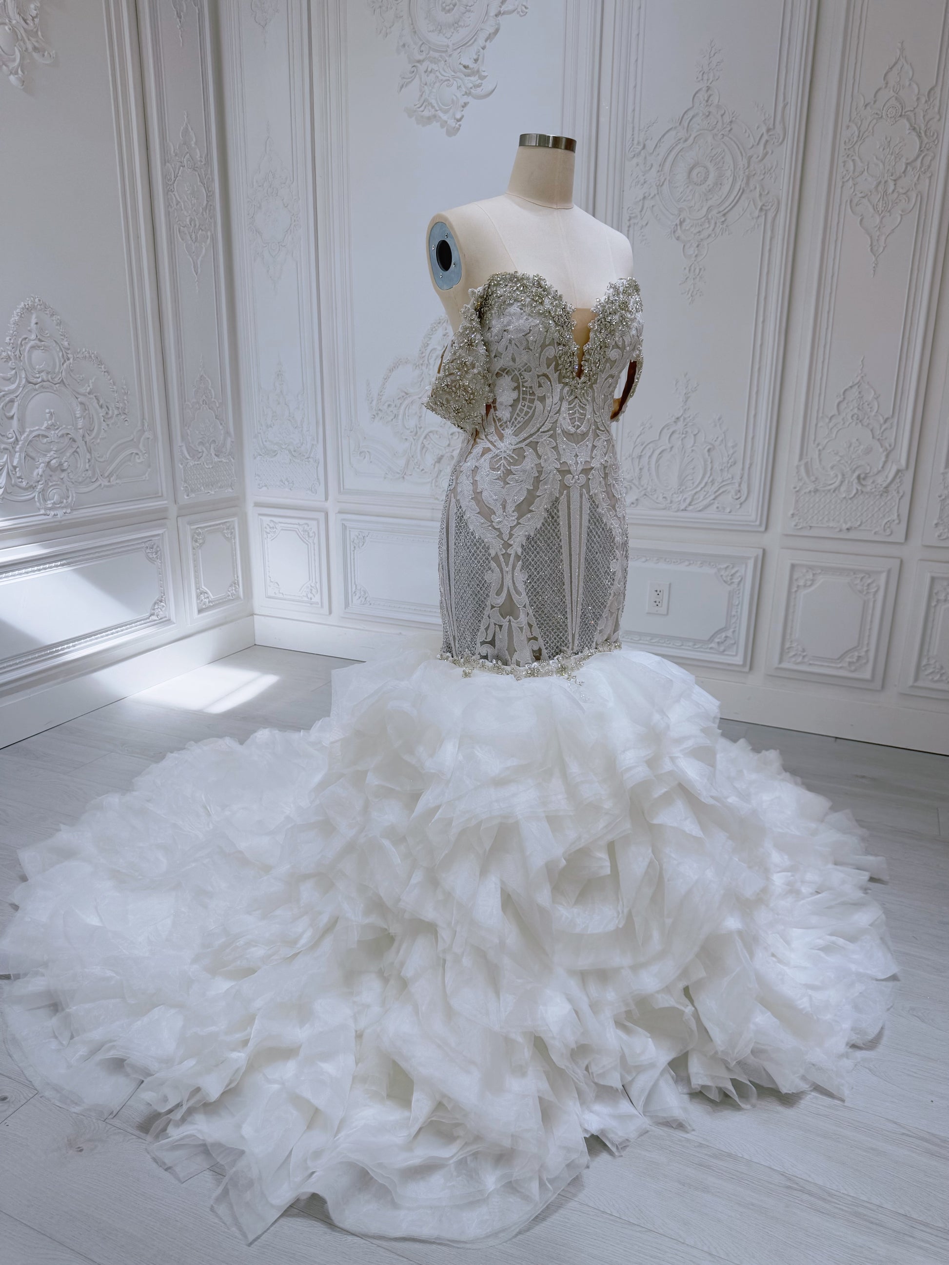 Stock Clearance! Custom-made crystal beaded off the shoulder 2 in 1 look split skirt champagne mermaid wedding dress with detachable ruffles skirt - Ting's Bridal Collection