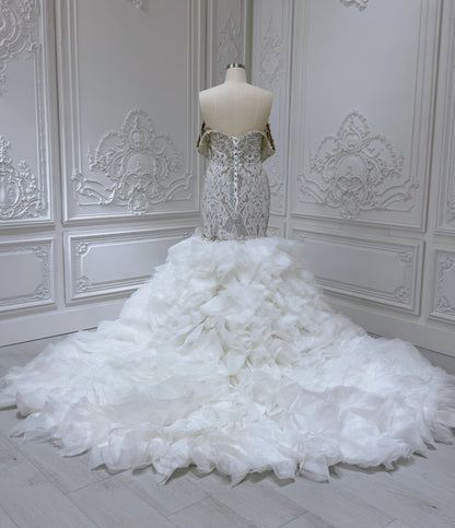 Stock Clearance! Custom-made crystal beaded off the shoulder 2 in 1 look split skirt champagne mermaid wedding dress with detachable ruffles skirt - Ting's Bridal Collection