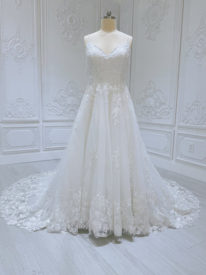 Stock Clearance! Custom-made white spaghettini strap V-Neck lace embroidered Aline floral wedding dress - Ting's Bridal Collection