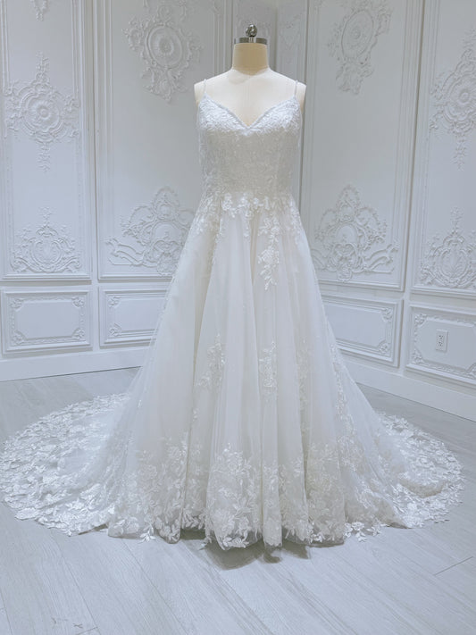 Stock Clearance! Custom-made white spaghettini strap V-Neck lace embroidered Aline floral wedding dress - Ting's Bridal Collection