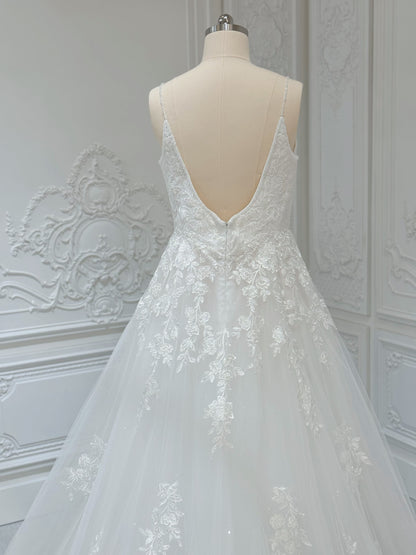 Stock Clearance! Custom-made white spaghettini strap V-Neck lace embroidered Aline floral wedding dress - Ting's Bridal Collection