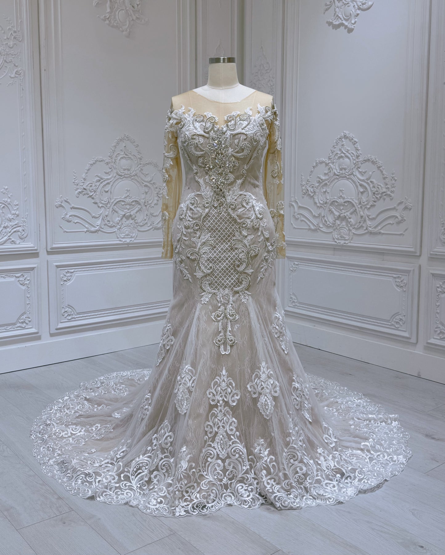 Stock Clearance! Bridal size 14! Ivory beading lace embroidered long sleeve champagne mermaid wedding dress - Ting's Bridal Collection
