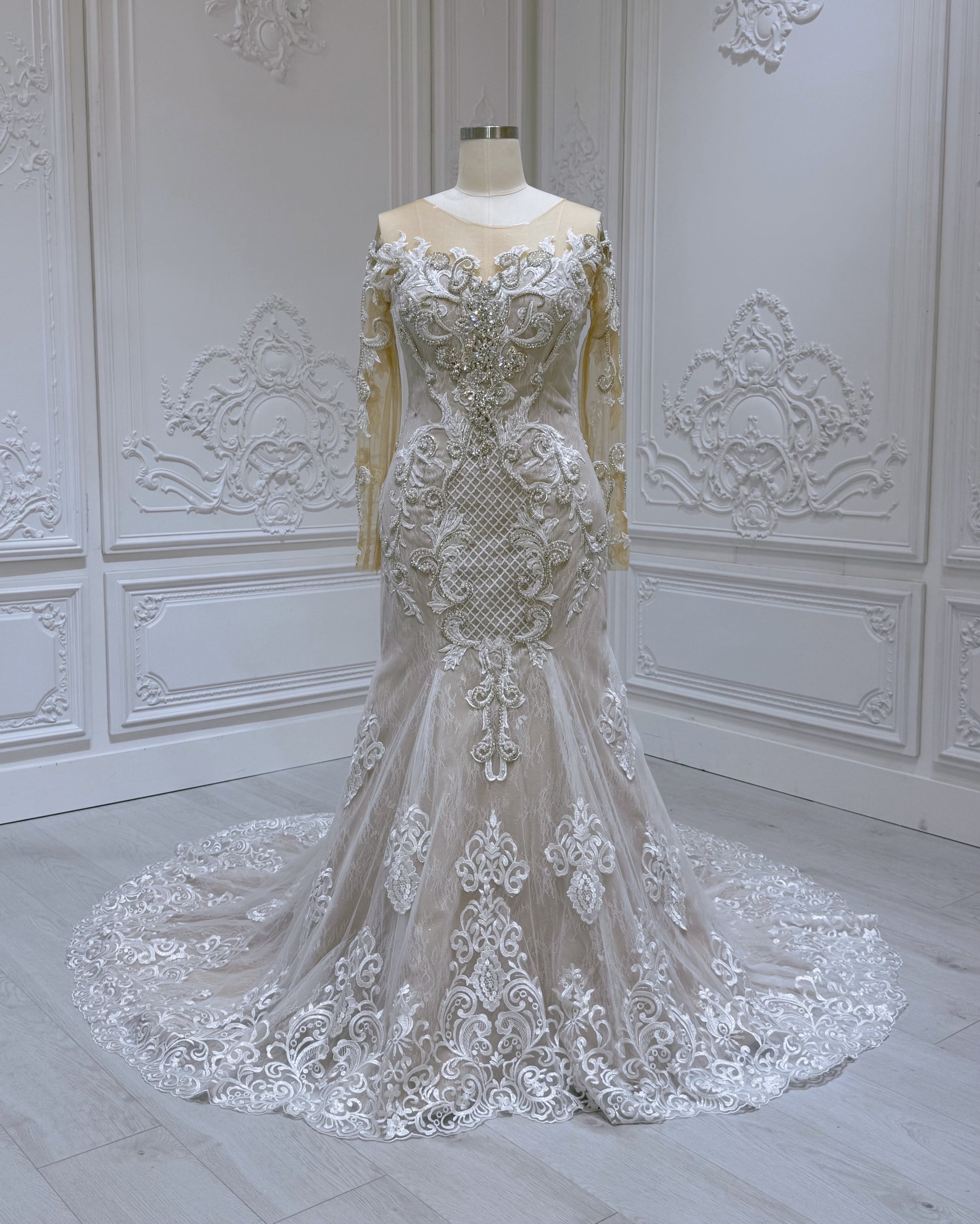 Stock Clearance! Bridal size 14! Ivory beading lace embroidered long sleeve champagne mermaid wedding dress - Ting's Bridal Collection
