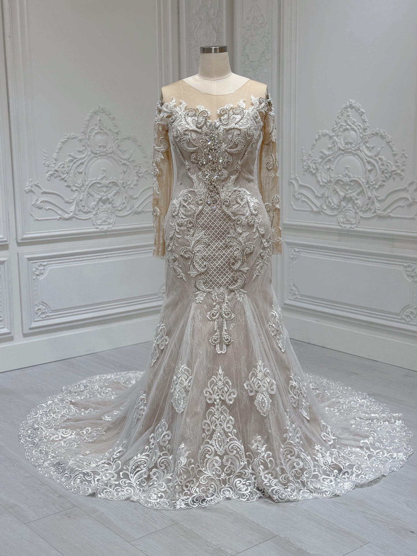Stock Clearance! Bridal size 14! Ivory beading lace embroidered long sleeve champagne mermaid wedding dress - Ting's Bridal Collection