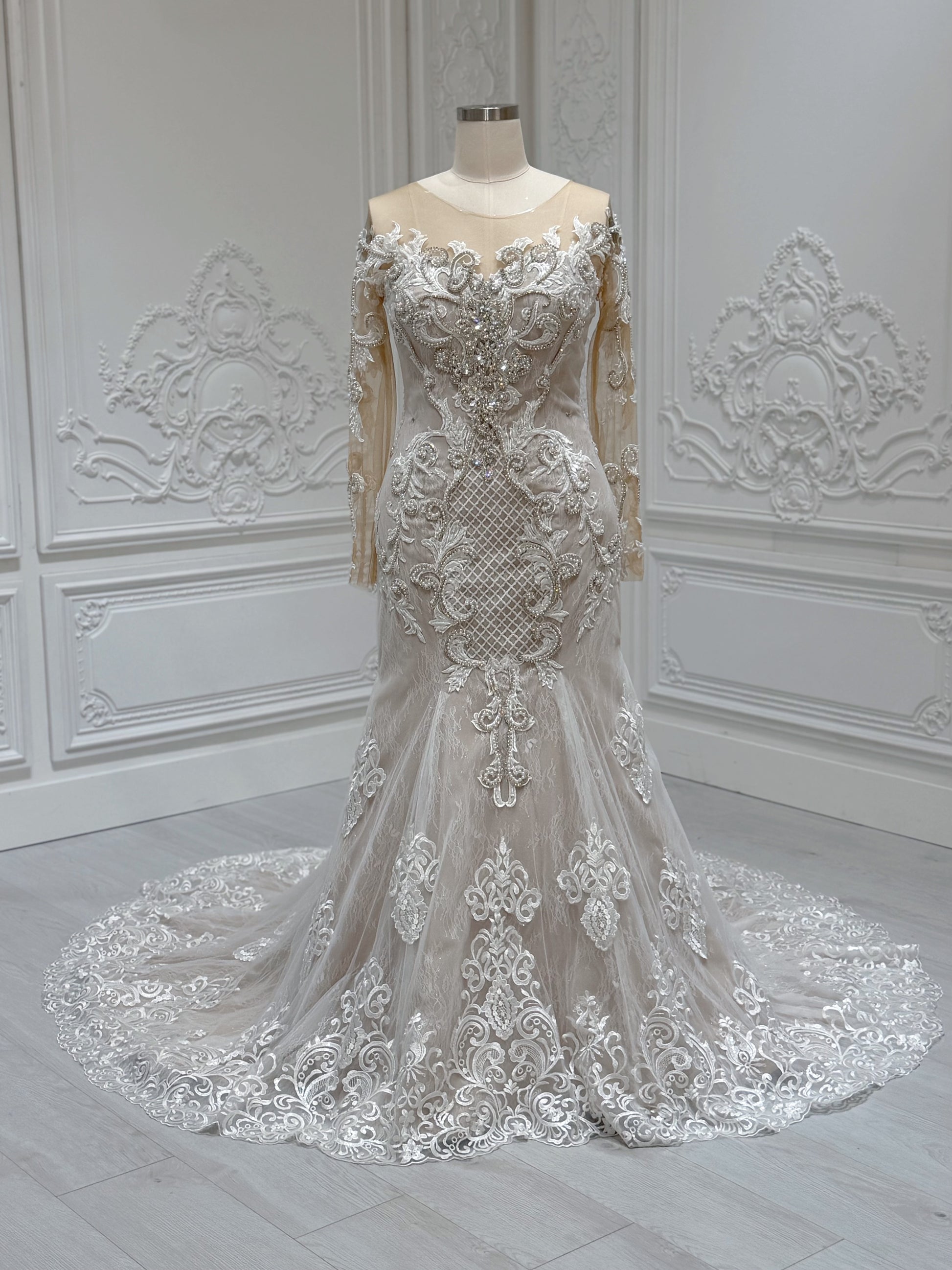Stock Clearance! Bridal size 14! Ivory beading lace embroidered long sleeve champagne mermaid wedding dress - Ting's Bridal Collection