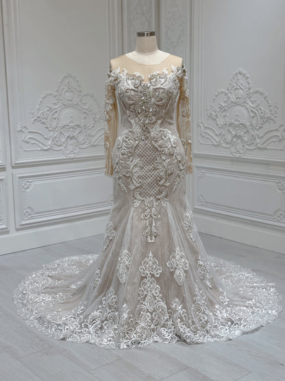 Stock Clearance! Bridal size 14! Ivory beading lace embroidered long sleeve champagne mermaid wedding dress - Ting's Bridal Collection