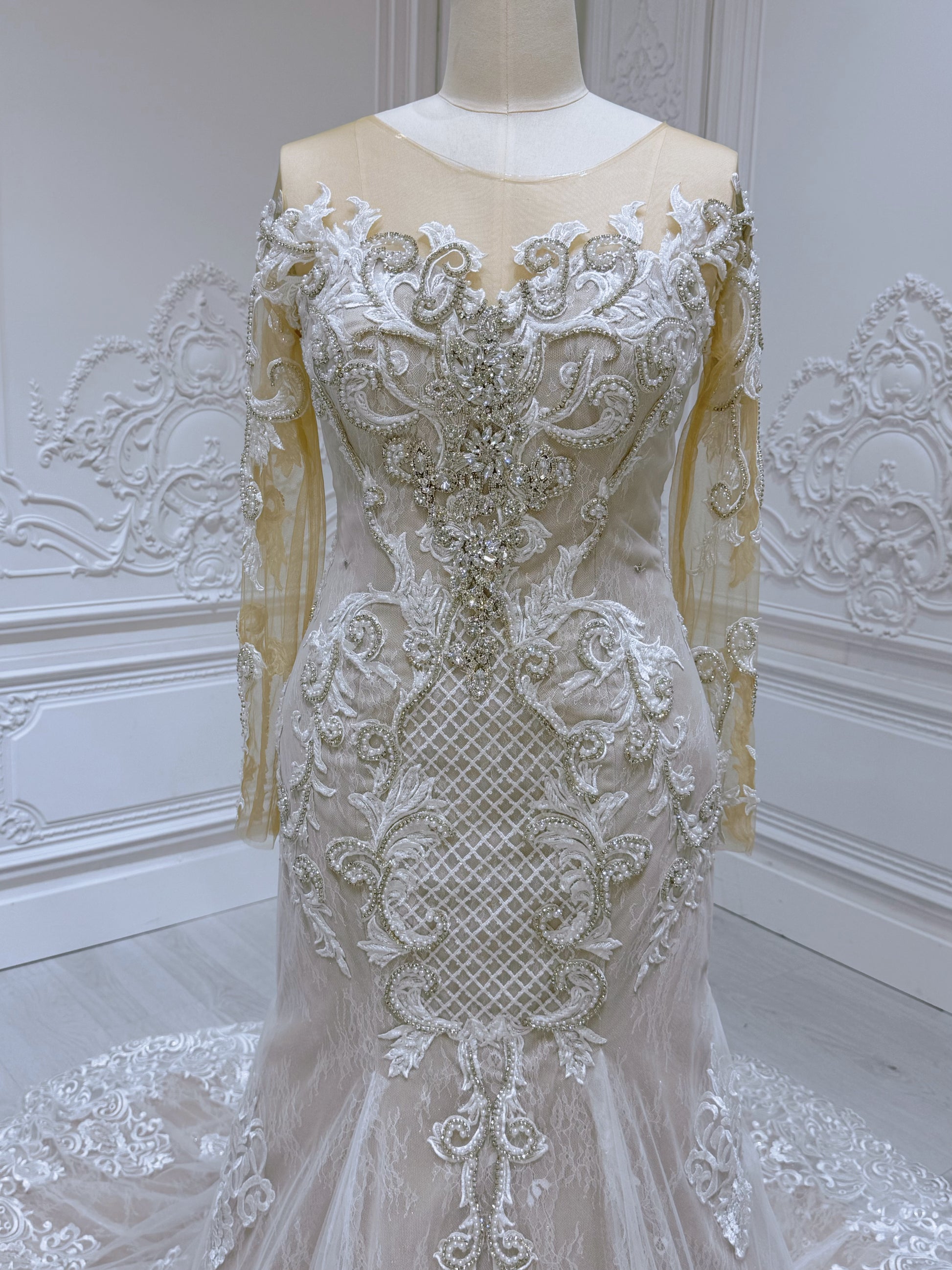 Stock Clearance! Bridal size 14! Ivory beading lace embroidered long sleeve champagne mermaid wedding dress - Ting's Bridal Collection