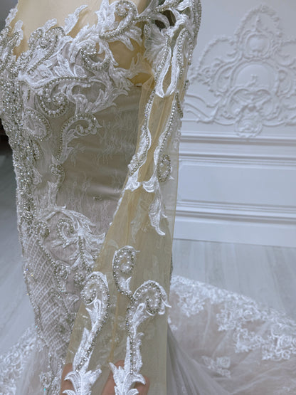 Stock Clearance! Bridal size 14! Ivory beading lace embroidered long sleeve champagne mermaid wedding dress - Ting's Bridal Collection