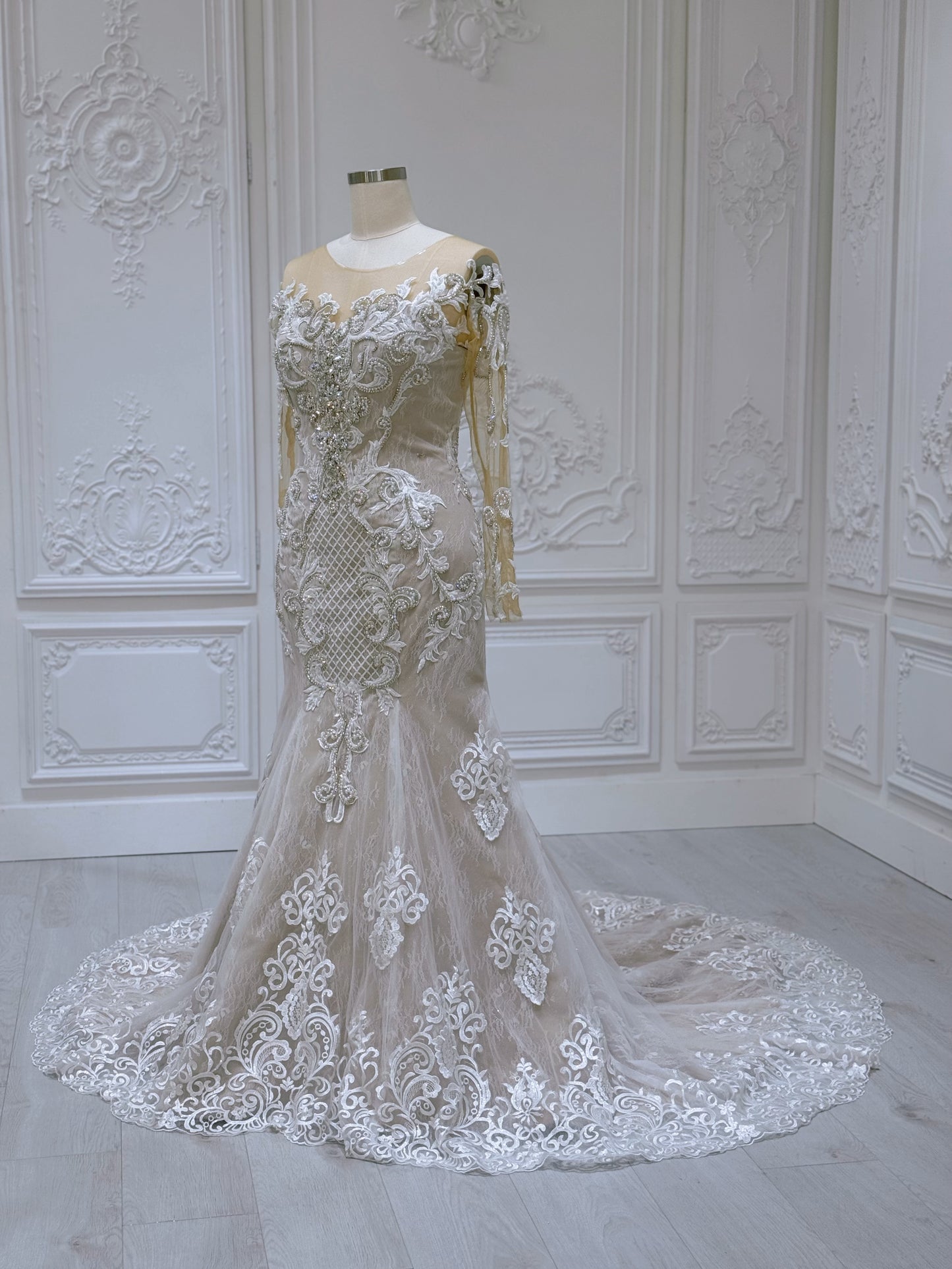Stock Clearance! Bridal size 14! Ivory beading lace embroidered long sleeve champagne mermaid wedding dress - Ting's Bridal Collection