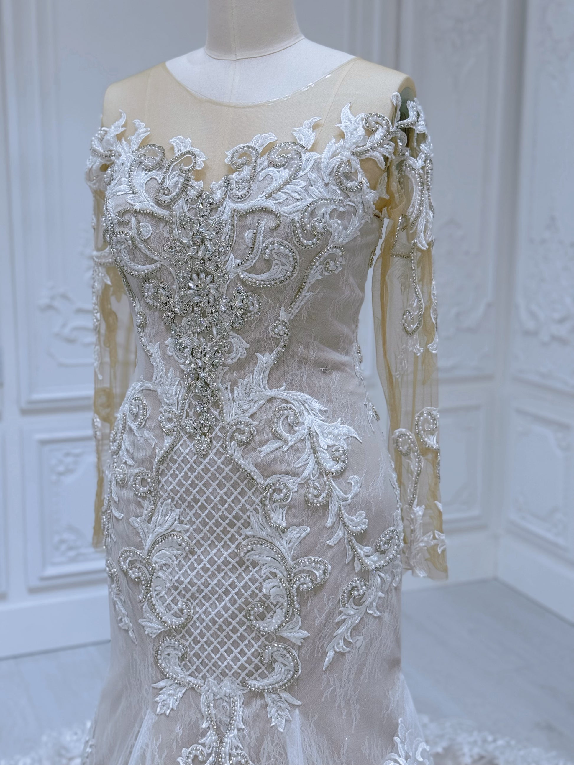 Stock Clearance! Bridal size 14! Ivory beading lace embroidered long sleeve champagne mermaid wedding dress - Ting's Bridal Collection