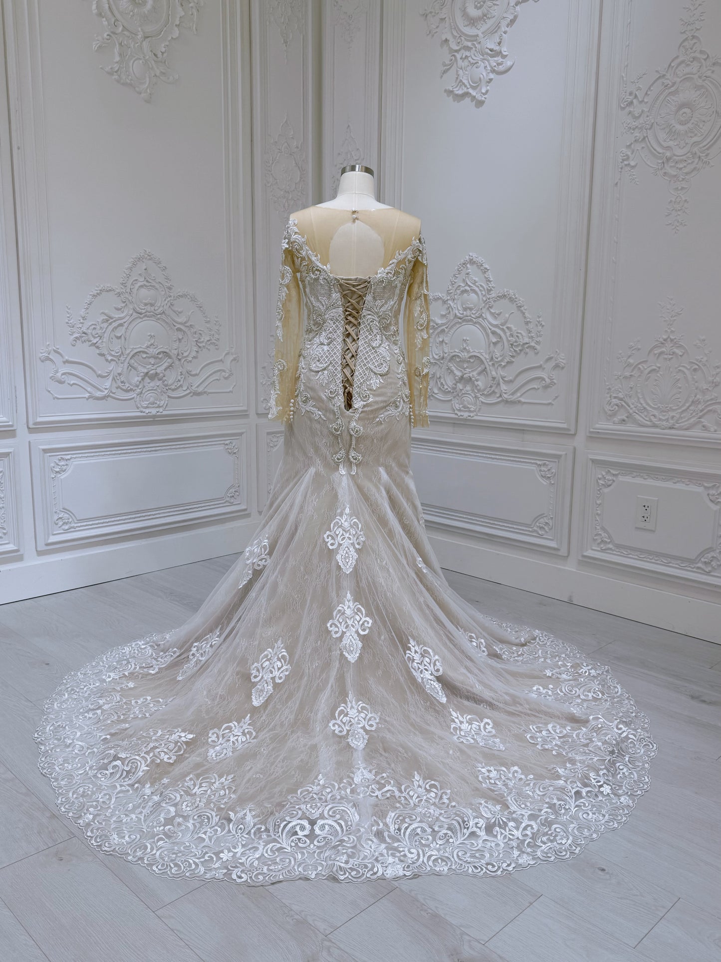 Stock Clearance! Bridal size 14! Ivory beading lace embroidered long sleeve champagne mermaid wedding dress - Ting's Bridal Collection
