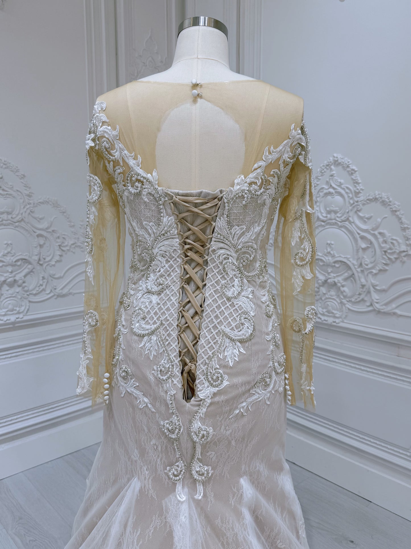 Stock Clearance! Bridal size 14! Ivory beading lace embroidered long sleeve champagne mermaid wedding dress - Ting's Bridal Collection