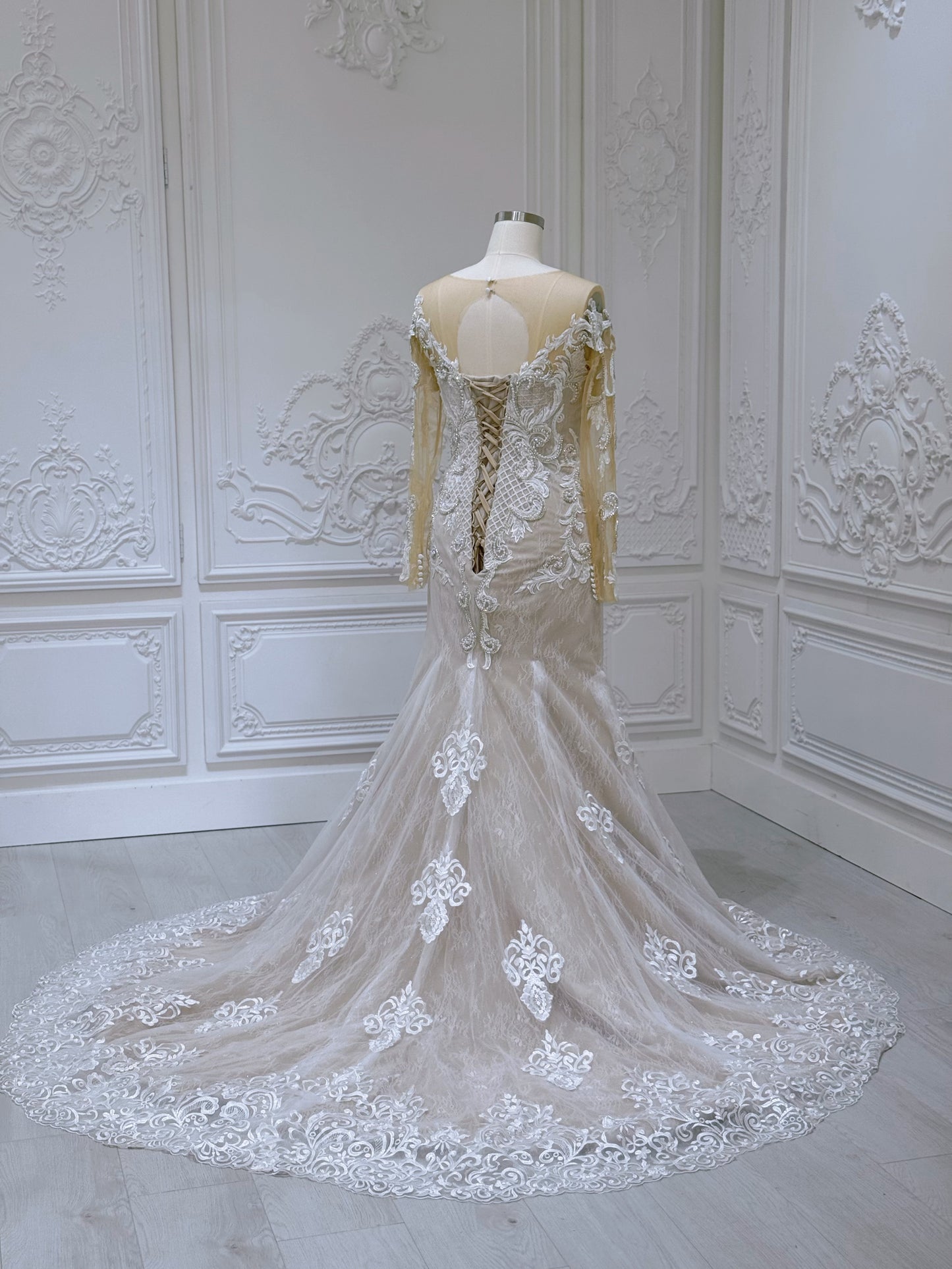 Stock Clearance! Bridal size 14! Ivory beading lace embroidered long sleeve champagne mermaid wedding dress - Ting's Bridal Collection