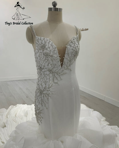 TBC-JM063 Custom-made luxury beading sparkling long sleeve mermaid royal wedding dress with ruffle skirt - Ting's Bridal Collection