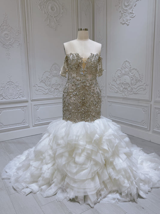 TBC-M008 Stock clearance! Luxury crystal beaded champagne mermaid wedding dress with ruffled skirt - Ting's Bridal Collection