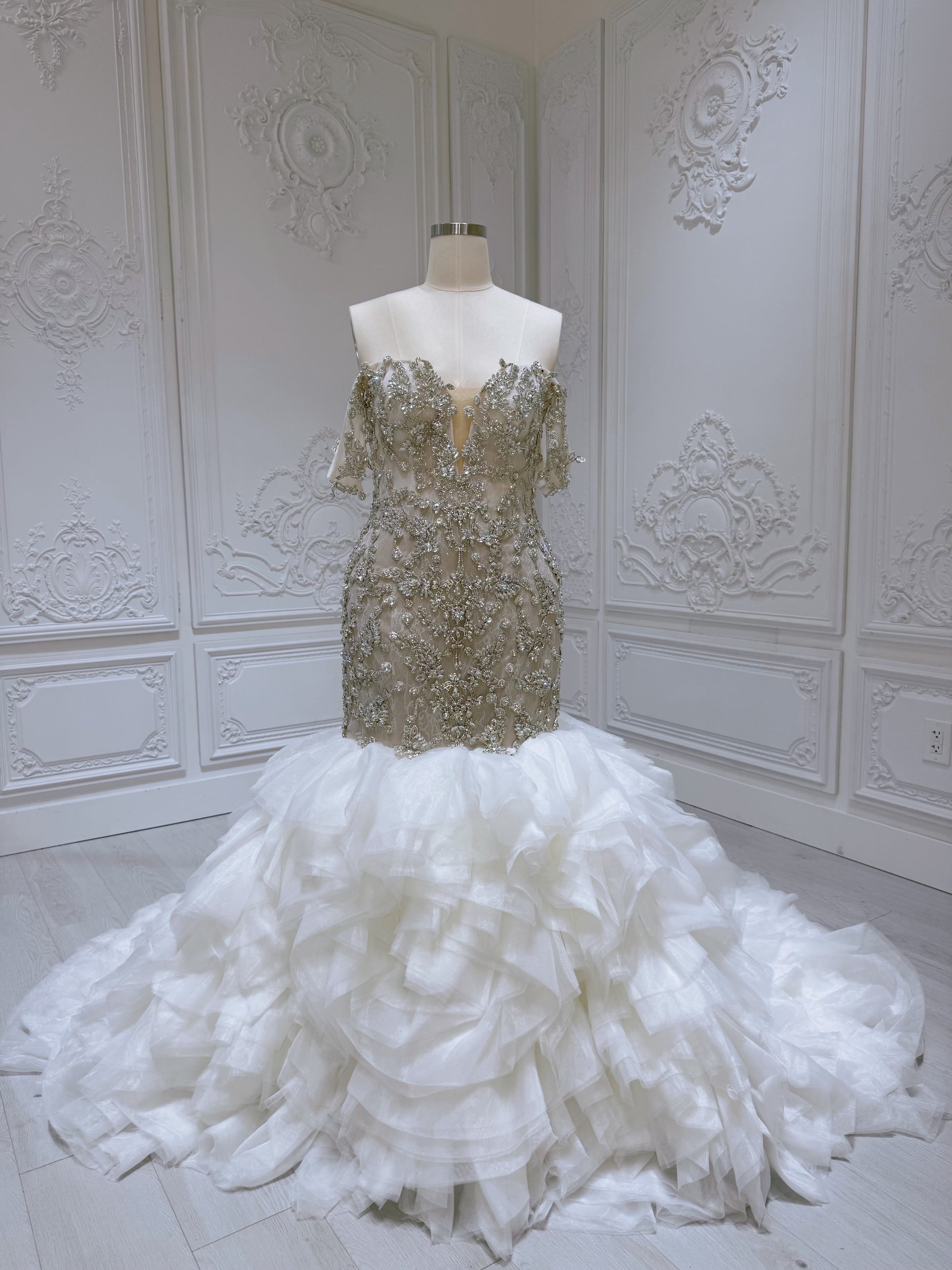 TBC-M008 Stock clearance! Luxury crystal beaded champagne mermaid wedding dress with ruffled skirt - Ting's Bridal Collection