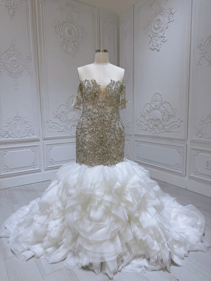 TBC-M008 Stock clearance! Luxury crystal beaded champagne mermaid wedding dress with ruffled skirt - Ting's Bridal Collection