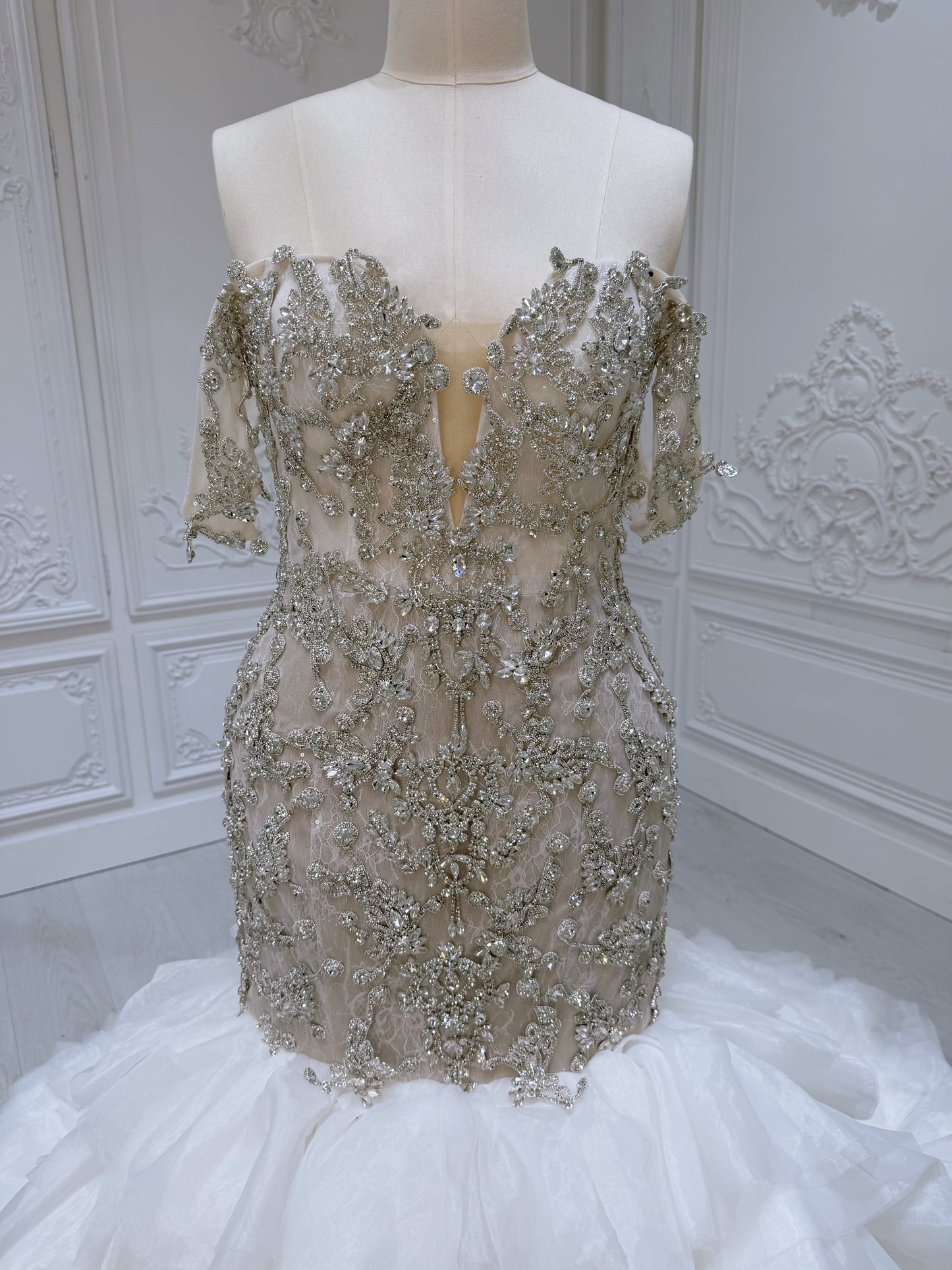TBC-M008 Stock clearance! Luxury crystal beaded champagne mermaid wedding dress with ruffled skirt - Ting's Bridal Collection