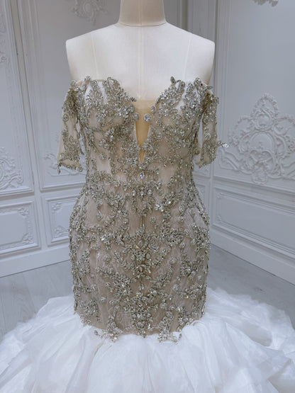 TBC-M008 Stock clearance! Luxury crystal beaded champagne mermaid wedding dress with ruffled skirt - Ting's Bridal Collection