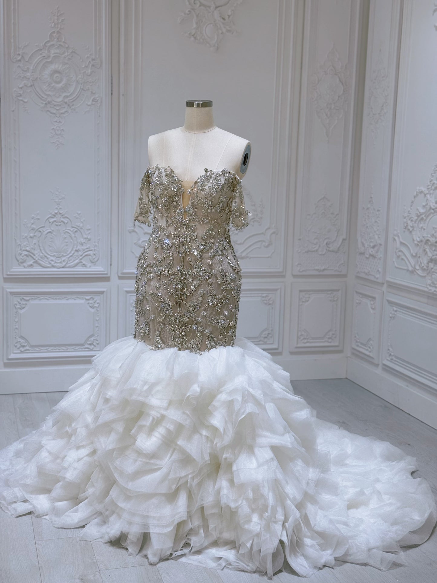 TBC-M008 Stock clearance! Luxury crystal beaded champagne mermaid wedding dress with ruffled skirt - Ting's Bridal Collection