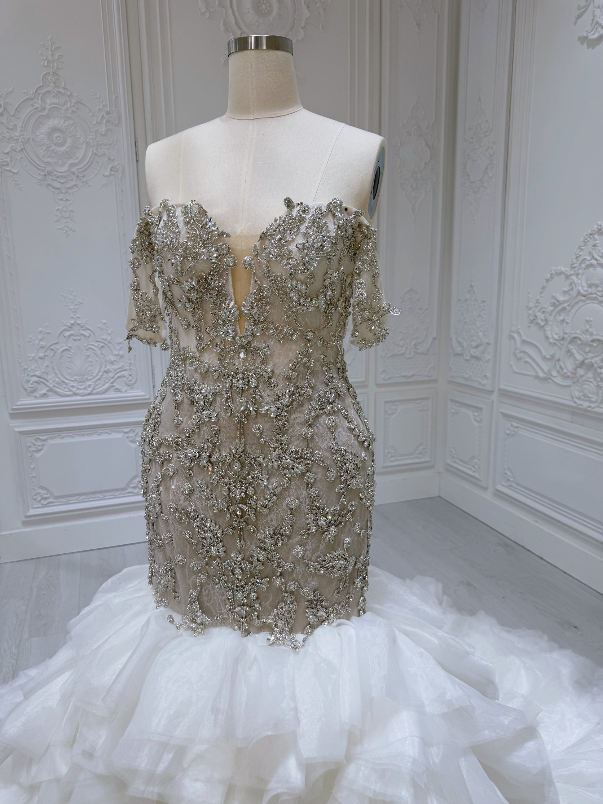 TBC-M008 Stock clearance! Luxury crystal beaded champagne mermaid wedding dress with ruffled skirt - Ting's Bridal Collection