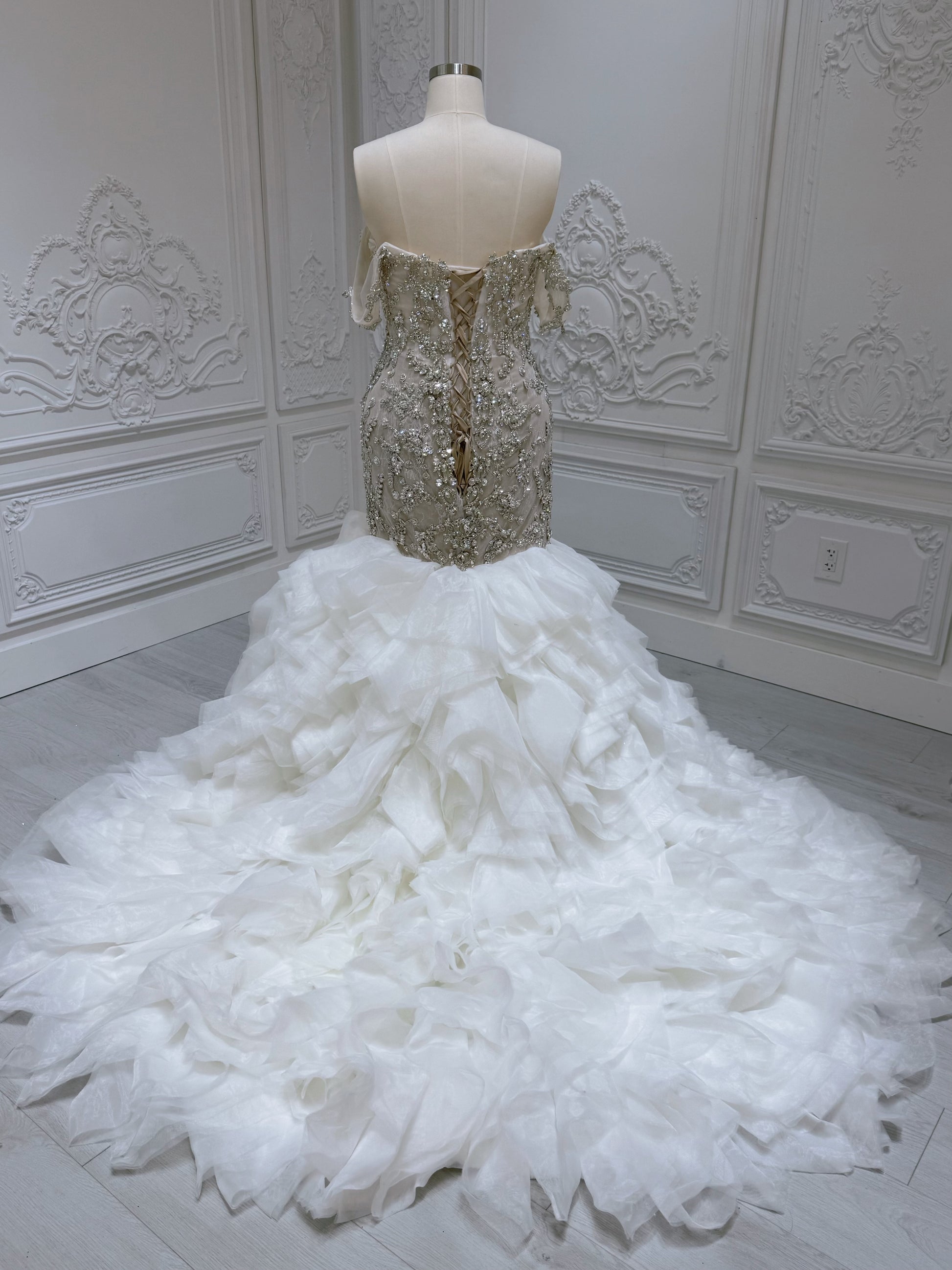 TBC-M008 Stock clearance! Luxury crystal beaded champagne mermaid wedding dress with ruffled skirt - Ting's Bridal Collection