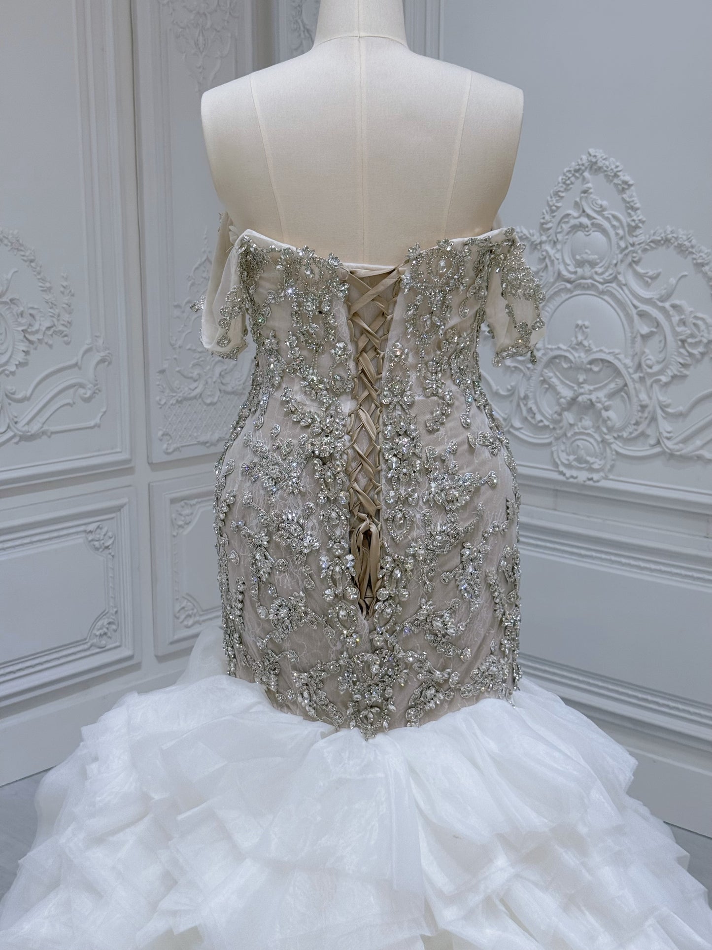 TBC-M008 Stock clearance! Luxury crystal beaded champagne mermaid wedding dress with ruffled skirt - Ting's Bridal Collection