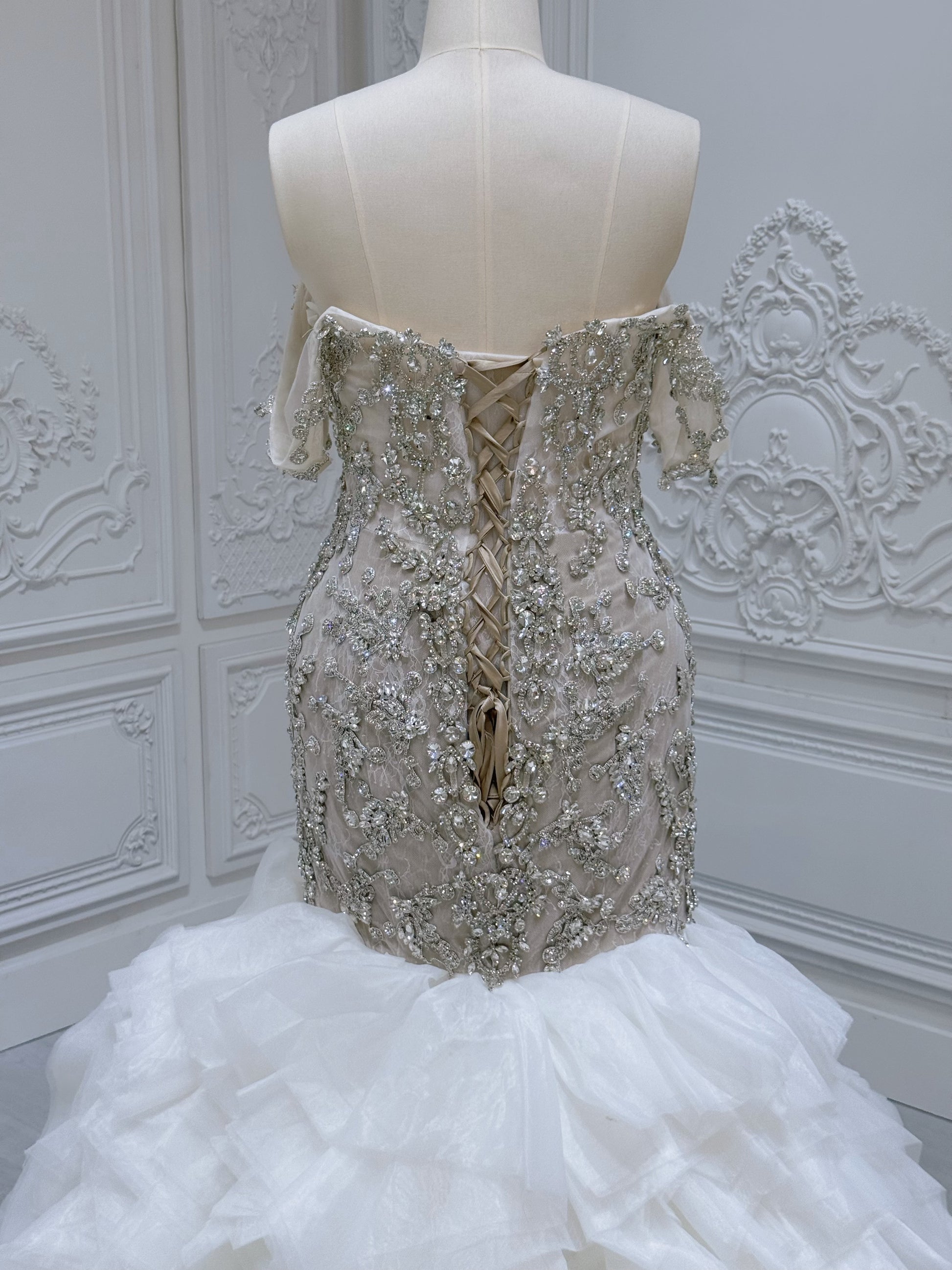 TBC-M008 Stock clearance! Luxury crystal beaded champagne mermaid wedding dress with ruffled skirt - Ting's Bridal Collection