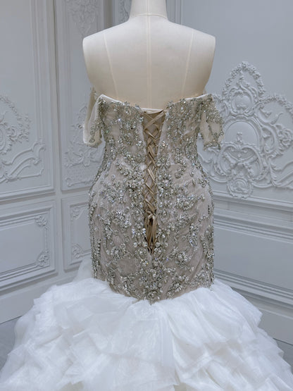 TBC-M008 Stock clearance! Luxury crystal beaded champagne mermaid wedding dress with ruffled skirt - Ting's Bridal Collection