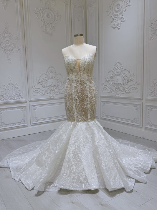 TBC-A007 Ivory pearl beading lace embroidered mermaid wedding dress - Ting's Bridal Collection