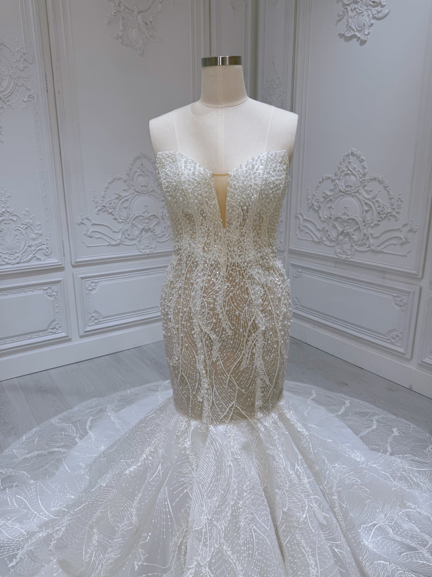 TBC-A007 Ivory pearl beading lace embroidered mermaid wedding dress - Ting's Bridal Collection