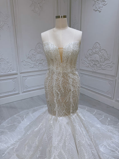 TBC-A007 Ivory pearl beading lace embroidered mermaid wedding dress - Ting's Bridal Collection
