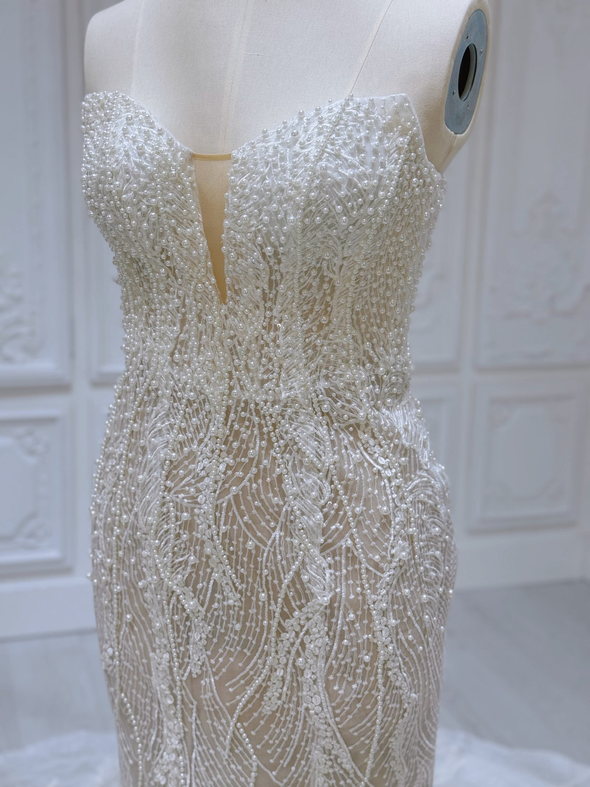 TBC-A007 Ivory pearl beading lace embroidered mermaid wedding dress - Ting's Bridal Collection