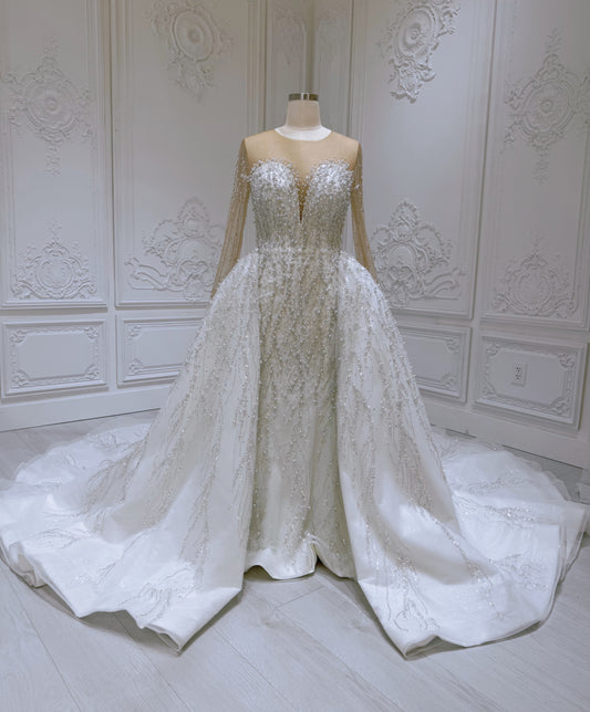 TBC-2IN1-007 Pearl with beading lace long sleeve 2 in 1 style mermaid wedding dress with detachable skirt - Ting's Bridal Collection
