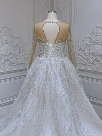 TBC-2IN1-007 Pearl with beading lace long sleeve 2 in 1 style mermaid wedding dress with detachable skirt - Ting's Bridal Collection