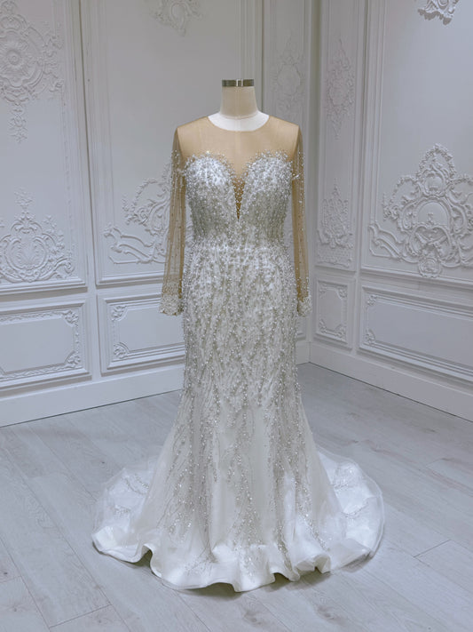 Stock of luxury pearl beaded sparkling long sleeve mermaid wedding dress - Ting's Bridal Collection