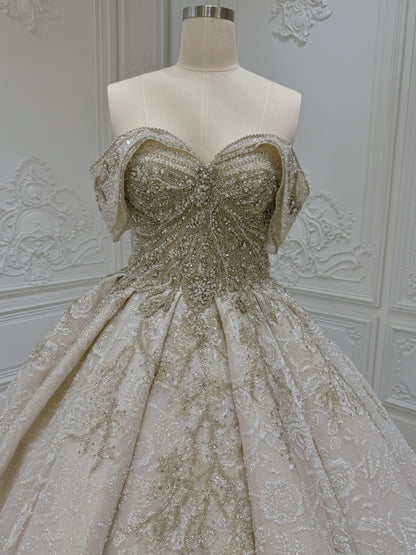 TMC-CM46 Custom-made luxury beading champagne off the shoulder princess ballgown royal wedding dress - Ting's Bridal Collection