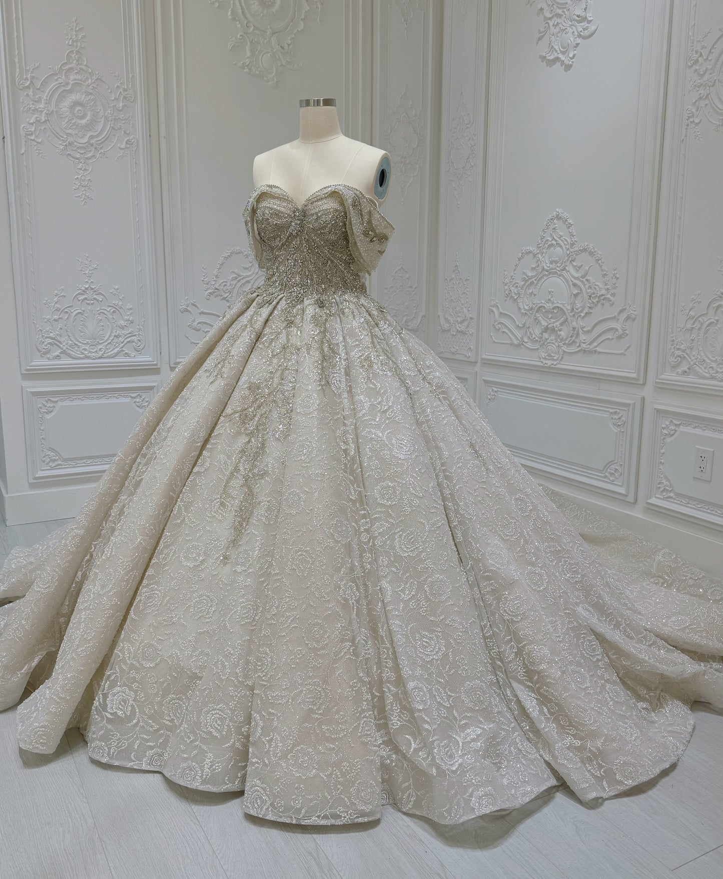 TMC-CM46 Custom-made luxury beading champagne off the shoulder princess ballgown royal wedding dress - Ting's Bridal Collection
