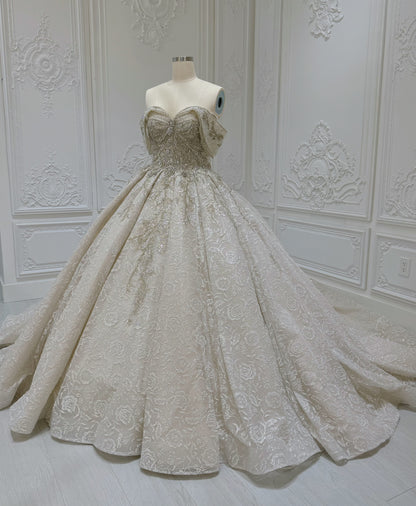 TMC-CM46 Custom-made luxury beading champagne off the shoulder princess ballgown royal wedding dress - Ting's Bridal Collection