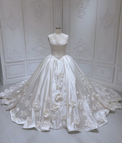 TBC-HB100 Stock of pearl beaded 3D floral sand color ballgown wedding dress