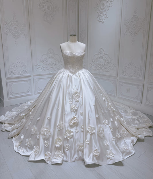 TBC-HB100 Stock of pearl beaded 3D floral sand color ballgown wedding dress