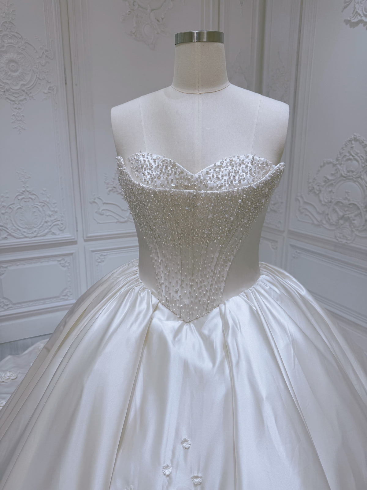 TBC-HB100 Stock of pearl beaded 3D floral sand color ballgown wedding dress