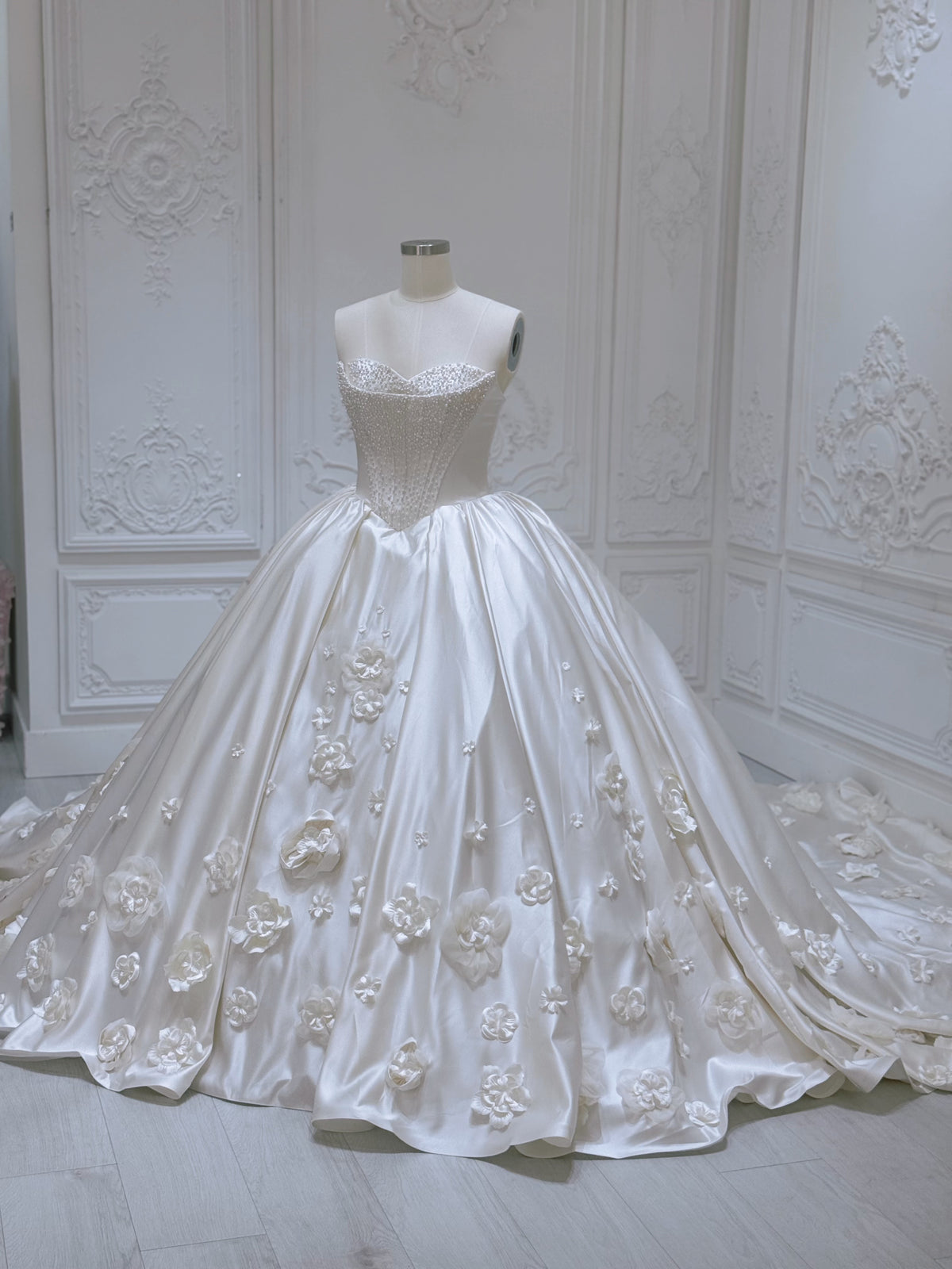 TBC-HB100 Stock of pearl beaded 3D floral sand color ballgown wedding dress