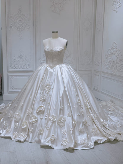 TBC-HB100 Stock of pearl beaded 3D floral sand color ballgown wedding dress